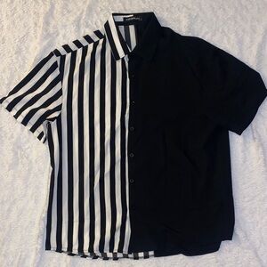 Incerun SZ XL Stripe Panel Short Sleeve Button-Down Shirt - Black & White